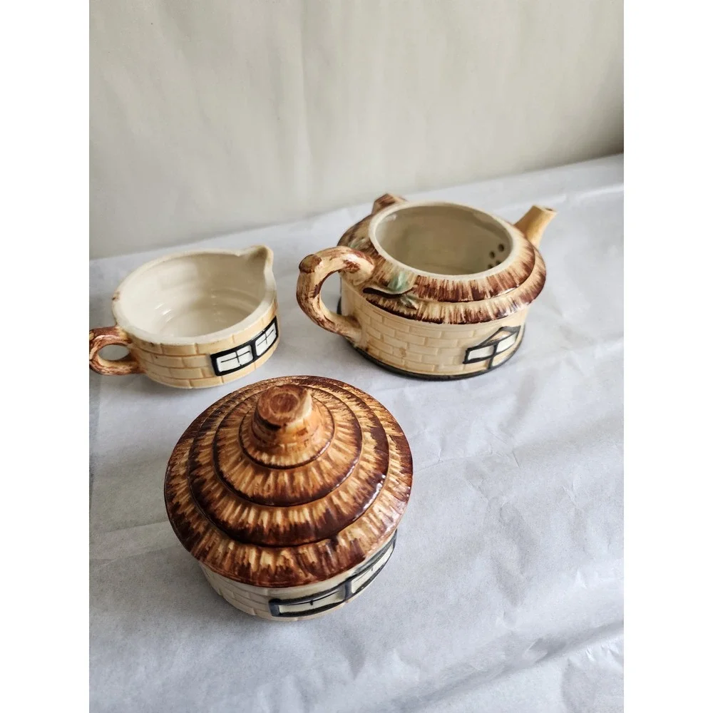 Vintage Ceramic Tea for One Set Stackable Cottage Lighthouse Teapot Creamer Lid